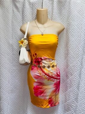 Yellow and pink hawaiian tropical beach cheap dress